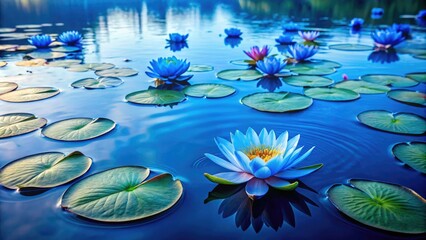 Blue water lily pads floating on the surface of a serene lake, serene landscape, blue water, natural beauty, nature photography, lake scene
