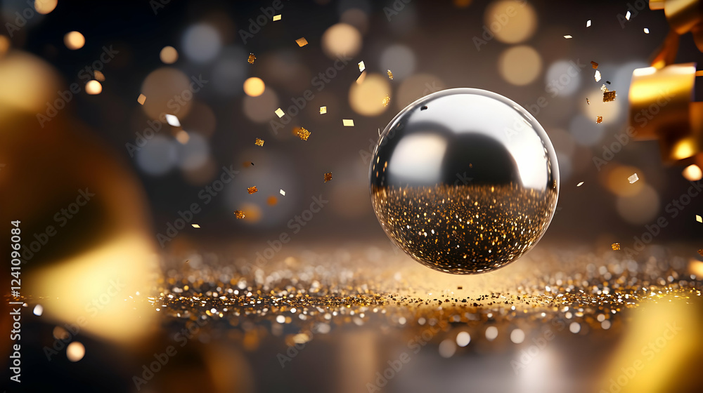 Poster a reflective sphere surrounded by shimmering particles and golden confetti, creating a captivating v