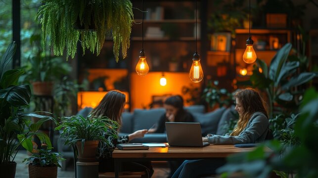 Women coworking in plant-filled cafe, laptop, teamwork