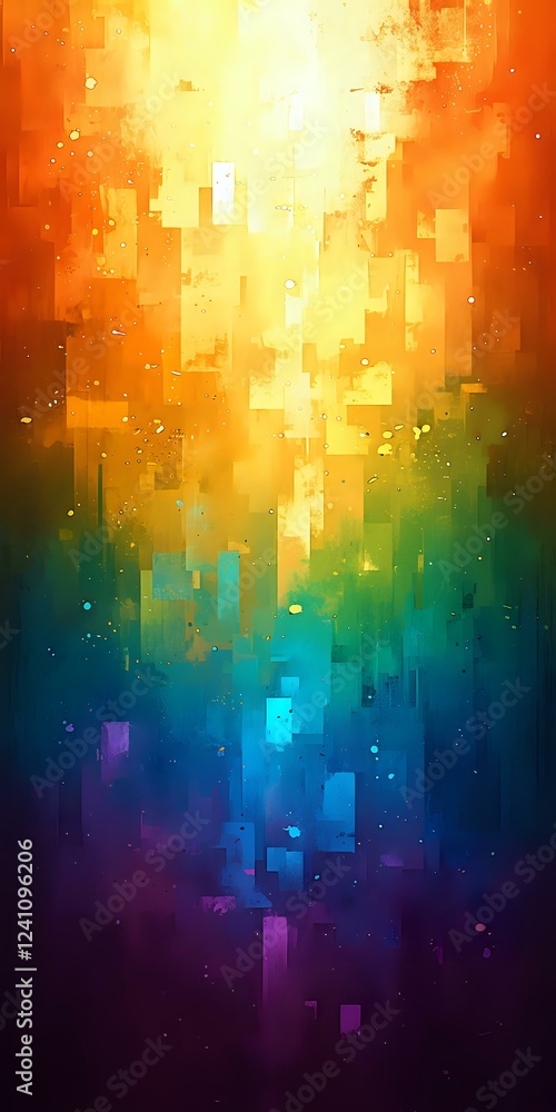 Poster abstract geometric background with vibrant gradient from orange to deep purple, featuring luminous p