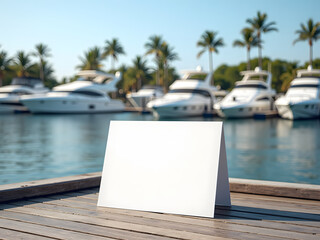 A blank white sign stands on a wooden dock with luxury yachts in the background, surrounded by palm trees under a clear blue sky