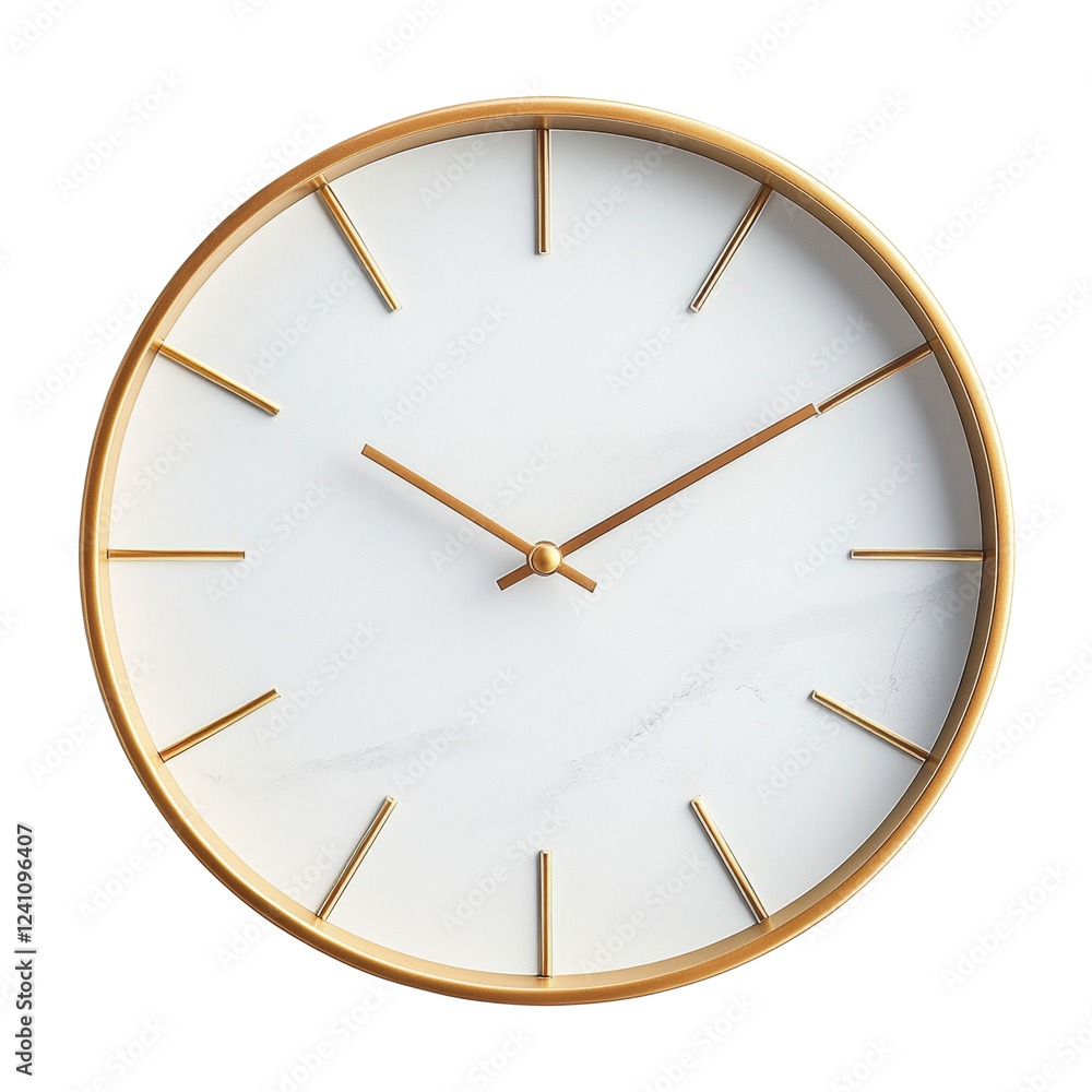 Poster a minimalist round clock with a white marble face and a gold frame shows the time.