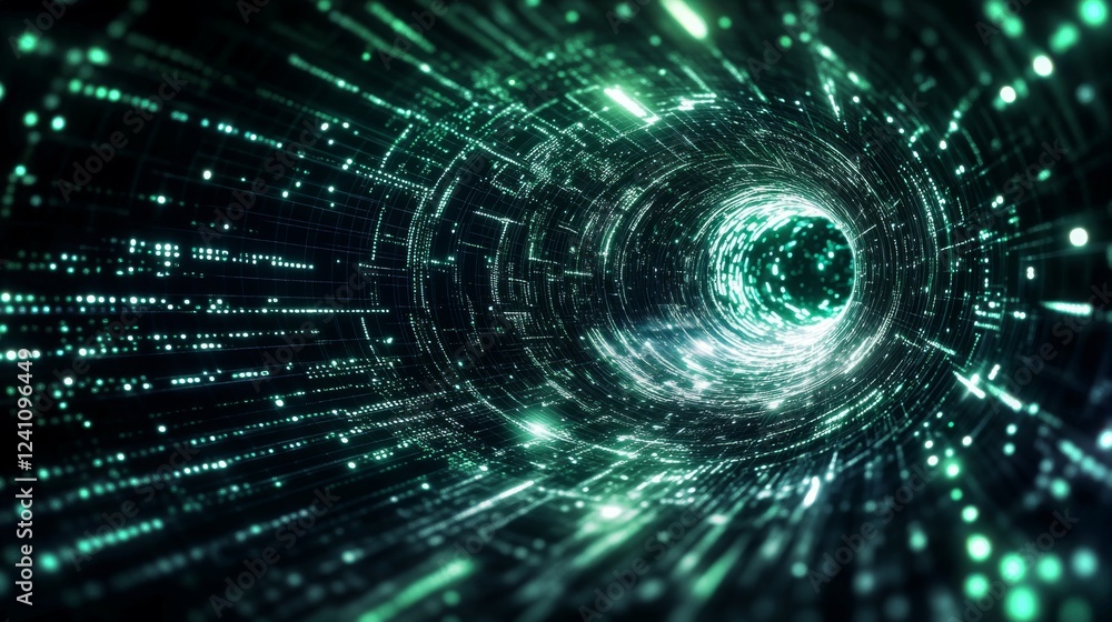Poster dynamic futuristic tunnel with glowing particles and vibrant light patterns in 4k