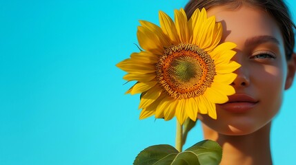 The model holding a sunflower over her right eye on a bright blue background on the right side. Spring, fresh, agriculture, copy space concept.