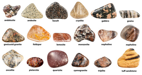red brown tumbled minerals with names isolated