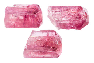 various samples of raw rubellite minerals isolated