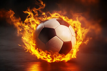 Fototapeta premium fiery soccer ball, a burning soccer ball flying through the air against a black background, a burning soccer ball on a black background, a burning soccer ball, a burning soccer ball, 3d illustration