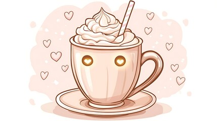 Whipped Cream Drink, Cute Cup, Hearts Background, Dessert Illustration