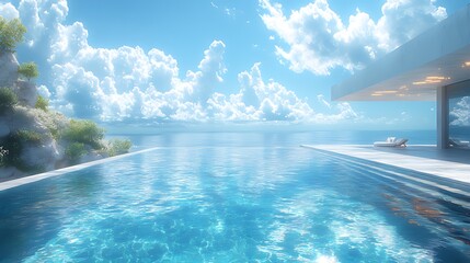Obraz premium Cliffside infinity pool, ocean view, sunny day, luxury home, real estate