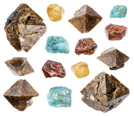 various samples of raw zircon minerals isolated