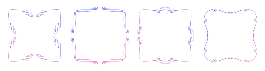 Hand-drawn vector decorative frames with whimsical swirls in blue and pink shades gradient isolated on a light background