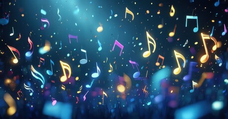 Colorful glowing music notes floating in the air, surrounded by sparkles and confetti, creating a festive and magical atmosphere, like a birthday song in the air