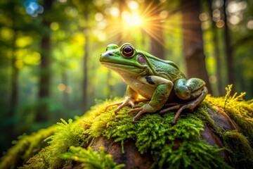 Obraz premium Green Frog on Tree Stump - Nature Stock Photo - Amphibian Wildlife