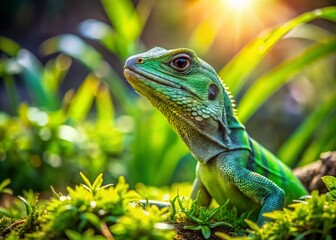 Fototapeta premium Green Lizard on Grass in Urban Garden - Nature Selective Focus Stock Photo