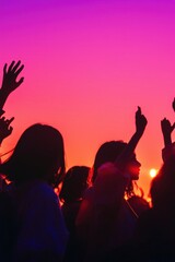 Fototapeta premium Silhouetted Crowd Enjoying Sunset Concert