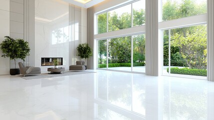 Fototapeta premium Luxurious living room with garden view, modern design, bright interior