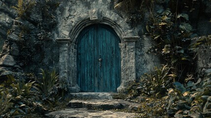 Mystical weathered stone door surrounded by lush greenery in an enchanted forest setting