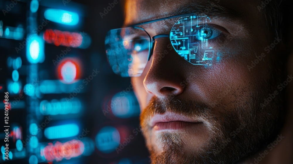 Aufkleber A man with glasses examines a high-tech environment while glowing data streams illuminate his face. The fusion of humanity and technology showcases modern innovation and curiosity