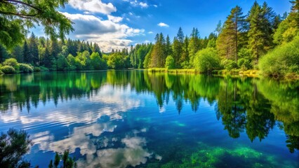 Fototapeta premium Serene lake scene with clear water ripple on calm surface, surrounded by lush greenery and trees, creating a peaceful atmosphere, perfect for nature photography, clear water, calm