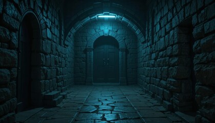 Mysterious dark stone hallway with glowing light