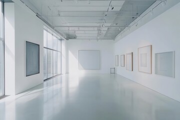 Fototapeta premium empty frames adorning pristine white walls in a mock-up gallery, creating a sense of anticipation and potential for future artwork in a minimalist space