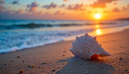 Scenic beach sunset with a seashell on the sand