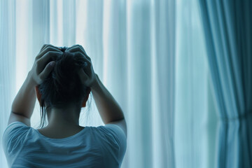Patient struggling with mental health in a bedroom setting. Person pulling at their hair, indicating psychiatric distress The curtain in the background adds to the sense of isolation and introspection
