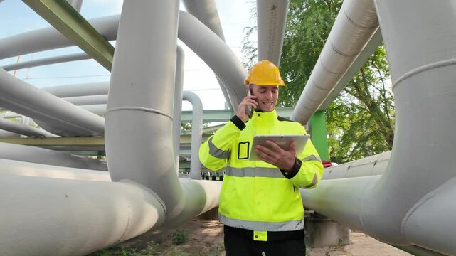 Industrial Engineer on Site: A focused industrial engineer in a yellow hard hat and reflective vest stands amidst a network of large pipes, consulting a tablet and speaking on his phone.