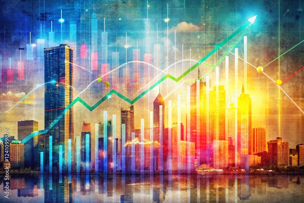 Poster hand-drawn decreasing bar graph double exposure stock photo - business data visualization
