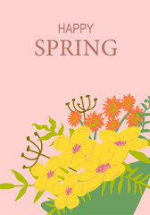 Colorful spring bouquet on pink background with joyful greeting.