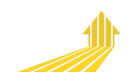 Yellow arrow pointing upwards made up of multiple lines joining together on a white background