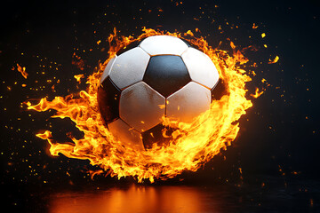 Fototapeta premium fiery soccer ball, a burning soccer ball flying through the air against a black background, a burning soccer ball on a black background, a burning soccer ball, a burning soccer ball, 3d illustration