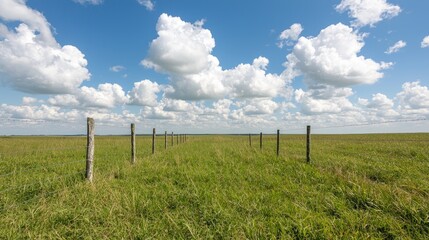 Fototapeta premium Wooden fence posts stand in a vast green grassy field under a bright blue sky filled with white cumulus clouds.