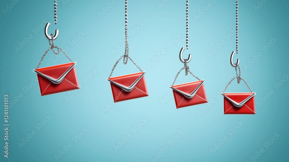 Aufkleber colorful red envelopes hanging from hooks representing email communication and connectivity concepts