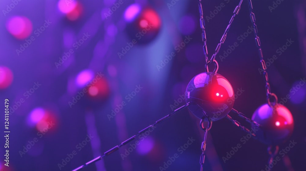 Poster abstract 3d rendering of connected glowing spheres in a vibrant purple and blue environment represen
