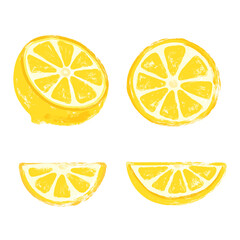 Grunge Brush Stroke Lemon fruits set. Creative grungy brush painted lemons, half lemon fruits and lemon slices set. Fresh lemons for juice and lemonade products.