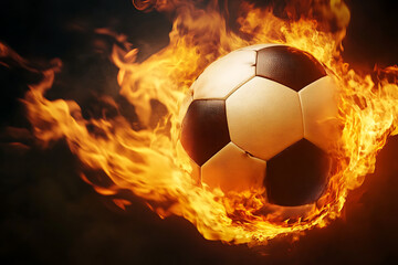 Naklejka premium fiery soccer ball, a burning soccer ball flying through the air against a black background, a burning soccer ball on a black background, a burning soccer ball, a burning soccer ball, 3d illustration
