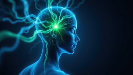 Obraz premium A human head with a glowing brain, illustrating VNS or Vagus Nerve Stimulation technology.