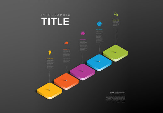 3D step dark infographic with colorful sequential step blocks highlights key concepts