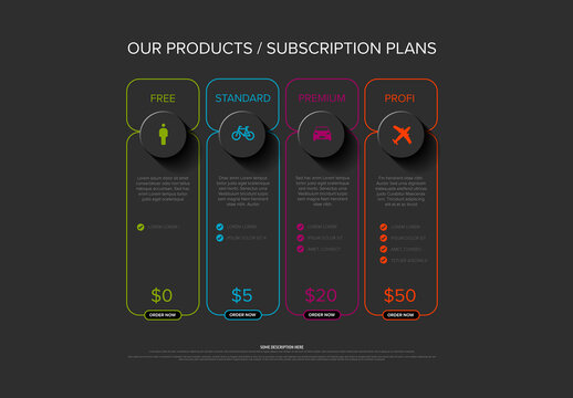 Dark Subscription Plan Options Free, Standard, Premium, and Profi with Pricing Details