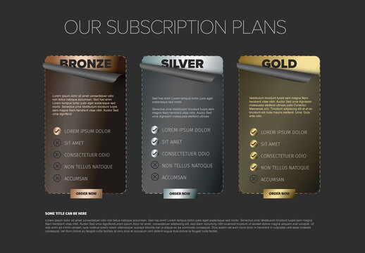 Golden silver and bronze Subscription Plans Comparison Chart Template