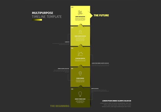 Timeline Dark template made from five green vertical content boxes with arrows