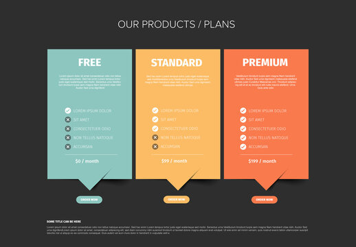 Product Dark pastel color Pricing Plan Comparison Chart with free standard and premium subscription plans