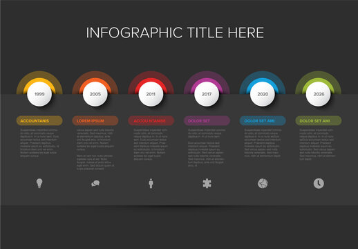 Timeline Infographic with Colored Milestones on big dark buttons with icons