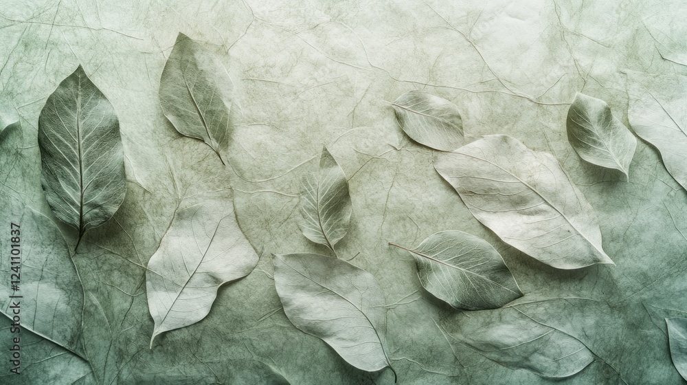 Poster textured leaf background with soft paper effects displaying translucent dried leaves on green paper