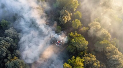 Fototapeta premium Aerial view of a crashed airplane in a dense forest surrounded by smoke and debris, with a small clearing visible in the distance. Scene of disaster, survival, and exploration in a 