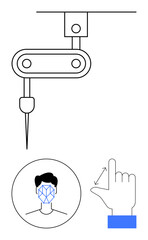 Robotic arm with precision tool, face recognition in user ID, and hand gesture control concept. Ideal for technology, automation, robotics, AI systems, biometrics, security digital solutions