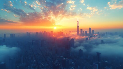 Obraz premium Cityscape sunrise, fog, Tokyo, aerial view, travel