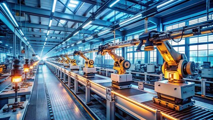 Obraz premium High-Tech Robotic Assembly Line: Precision Electronics Manufacturing