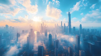 Sunrise cityscape, aerial view, skyscrapers, fog, construction